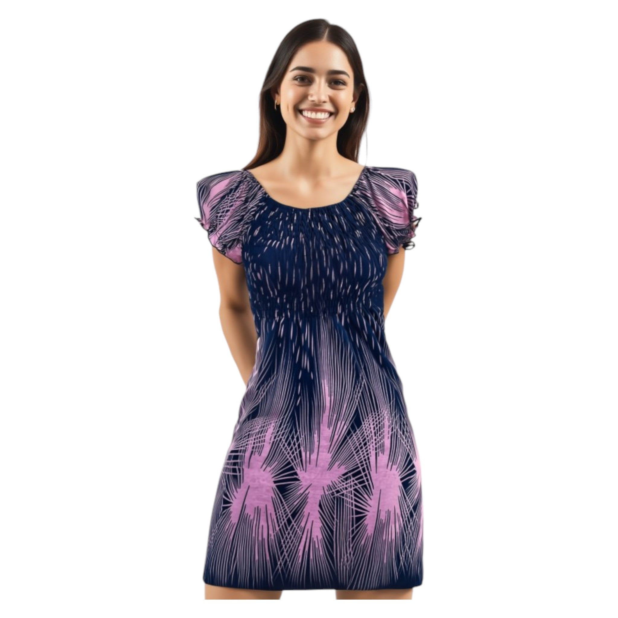 Women's navy and pink tropical print summer dress with flutter sleeves – lightweight casual beachwear outfit